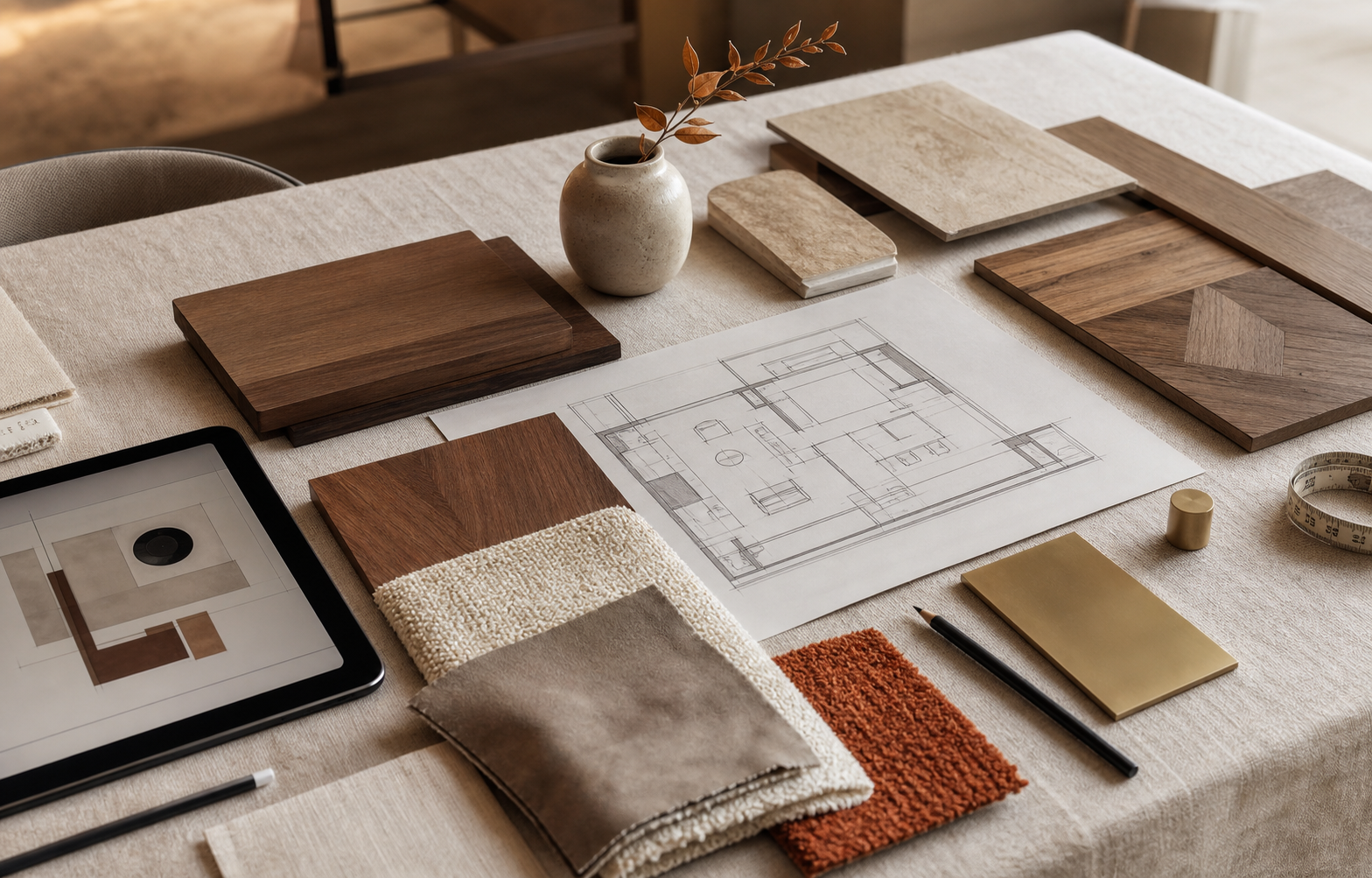 Moodboard de asesoría Maderarte con telas, maderas y plano de interiorismo